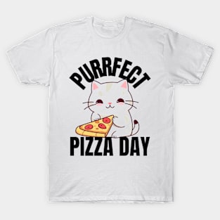 A Cat Enjoying a Purrfect Pizza Day T-Shirt